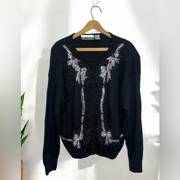 Vintage Sweaters - Vintage Dana Scott Lambswool Angora Sequined Button Down Cardigan Bow Sweater